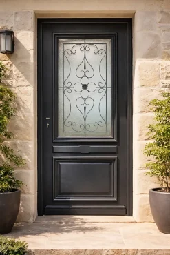 Porte D'entrée Bois Vitrée Candice Ral 7016, H.215xl.90 P,droit Côte Tableau-Gd Menuiseries Best