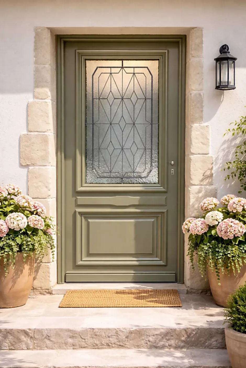 Gd Menuiseries Porte D'entrée Bois Vitrée Canelle Vert Ral 7002, H.215xl.90 Côte Tableau P. Gauche