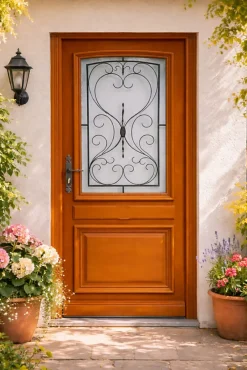 Porte D'entrée Bois Vitrée, Curcuma, H.215xl.90 Côte Tableau P.droit-Gd Menuiseries New