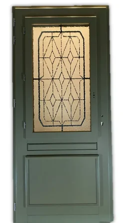 Gd Menuiseries Porte D'entrée Bois Vitrée Canelle Vert Ral 7002, H.215xl.90 P,droit Côte Tableau