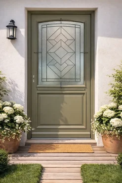 Gd Menuiseries Porte D'entrée Bois Vitrée Elsie, Vert Ral7002, H.215xl.90 P.droit , Poignée, Barillet Côte Tableau