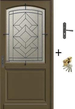 Gd Menuiseries Porte D'entrée Bois Vitrée Elsie, Vert Ral7002, H.215xl.90 P.droit , Poignée, Barillet Côte Tableau