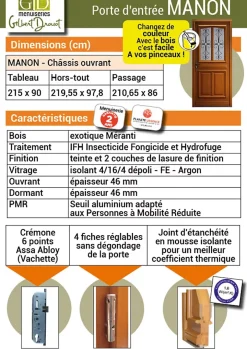 Porte D'entrée Bois Vitrée Manon, H.200 X L.90 Côte Tableau P.droit, Poignée, Barillet-Gd Menuiseries Outlet
