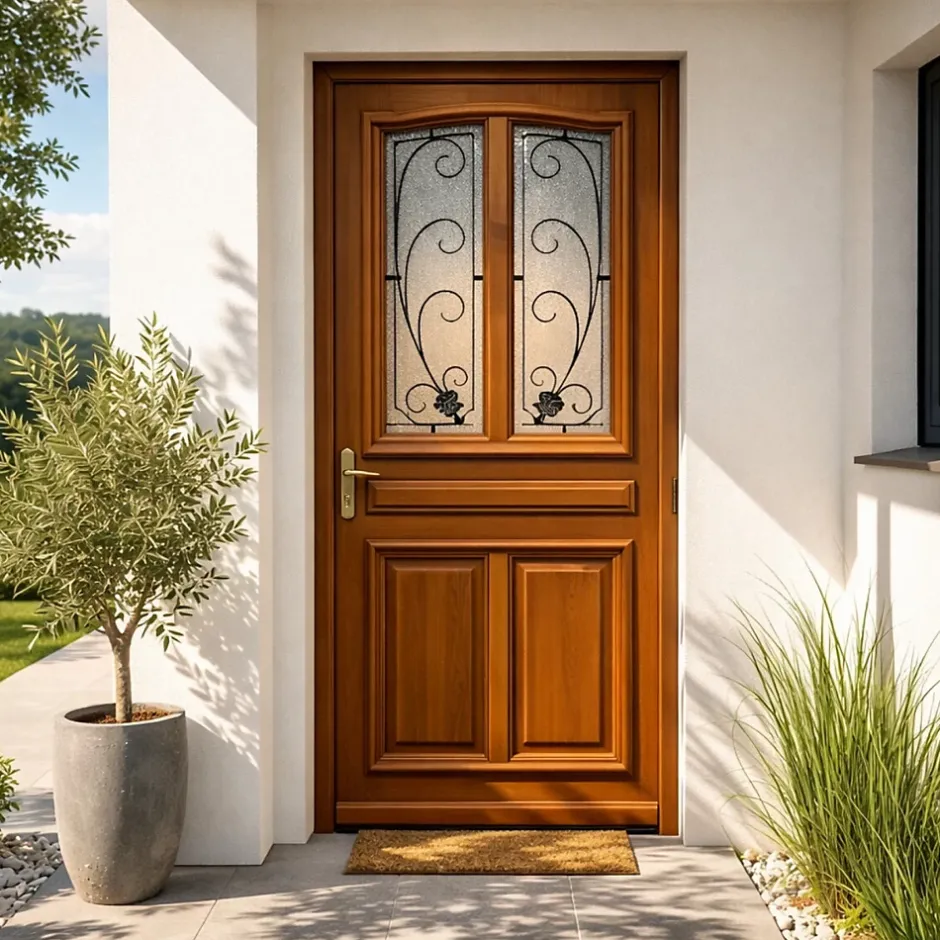 Porte D'entrée Bois Vitrée Mathis, H,200xl,80 Côte Tableau P.droit, Poignée, Barillet-Gd Menuiseries