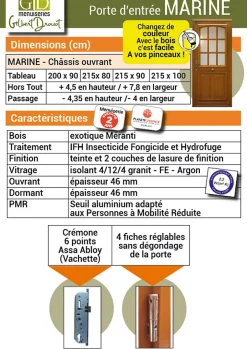 Gd Menuiseries Porte D'entrée Bois Vitrée Marine, H,200xl,80 Côte Tableau P.droit Poignée, Barillet