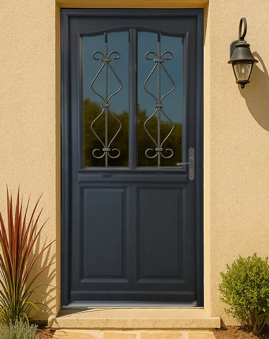 Porte D'entrée Bois Vitrée Sandro Gris Ral7016, H.215xl.90 Côte Tableau P,gauche-Gd Menuiseries Sale