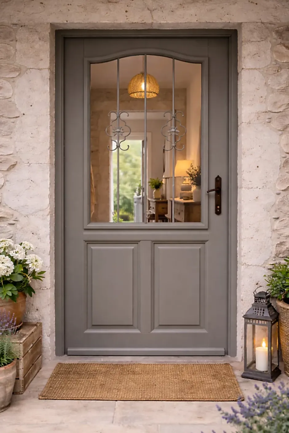 Gd Menuiseries Porte D'entrée Bois Vitrée Santiago Gris Marron Ral7039, H.200 X L.90 Côte Tableau P,gauche