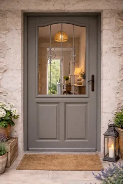 Gd Menuiseries Porte D'entrée Bois Vitrée Santiago Gris Marron Ral7039, H.215xl.90 Côte Tableau P,gauche