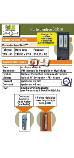 Porte D'entrée Bois Vitrée Sobra, H.215xl.90 Côte Tableau P.droit Poignée, Barillet-Gd Menuiseries New