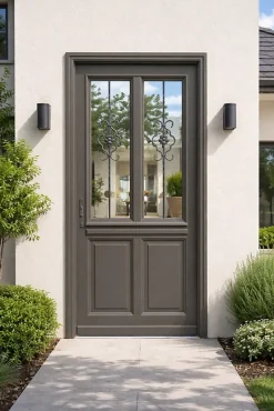 Gd Menuiseries Porte D'entrée Bois Vitrée Santiago Gris Marron Ral7039, H.200 X L.90 Côte Tableau, P.droit