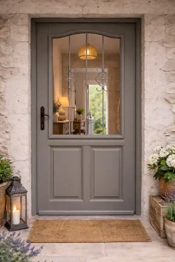 Gd Menuiseries Porte D'entrée Bois Vitrée Santiago Gris Marron Ral7039, H.215xl.90 Côte Tableau, P.droit