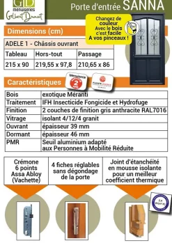 Porte D'entrée Bois Vitrée Sanna, H.215xl.90 Côte Tableau P.gauche, Poignée, Barillet-Gd Menuiseries Discount