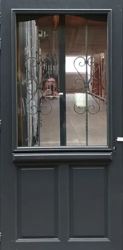 Porte D'entrée Bois Vitrée Sabrina Gris Ral7016, H.215xl.90 Côte Tableau, P.droit, Poignée, Barillet-Gd Menuiseries