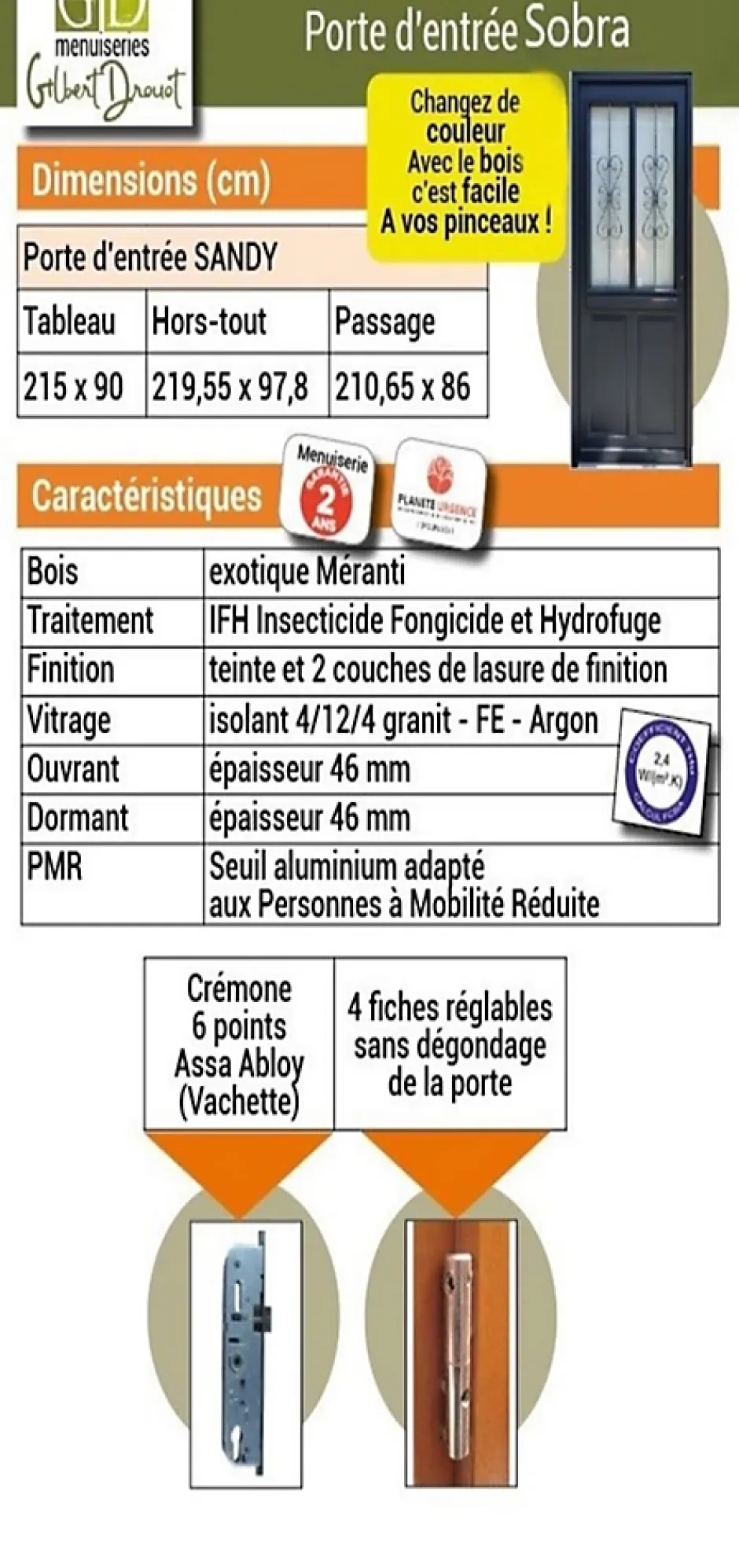 Gd Menuiseries Porte D'entrée Bois Vitrée Sobra, H.215xl.90 Côte Tableau P.gauche