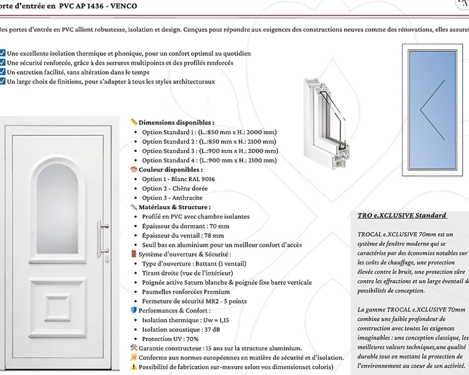 3 in 1 Porte d'entrée en PVC AP 1436 VENCO Blanc RAL 9016 (L.:850mm x H.:2000mm)