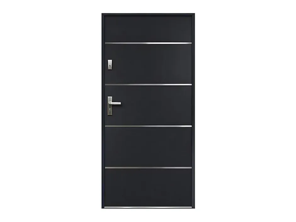 Porte d'entrée en acier pleine et inox H207 x L100 cm anthracite - épaisseur 55 mm - poussant droit - NAXARA-Vente-unique Discount