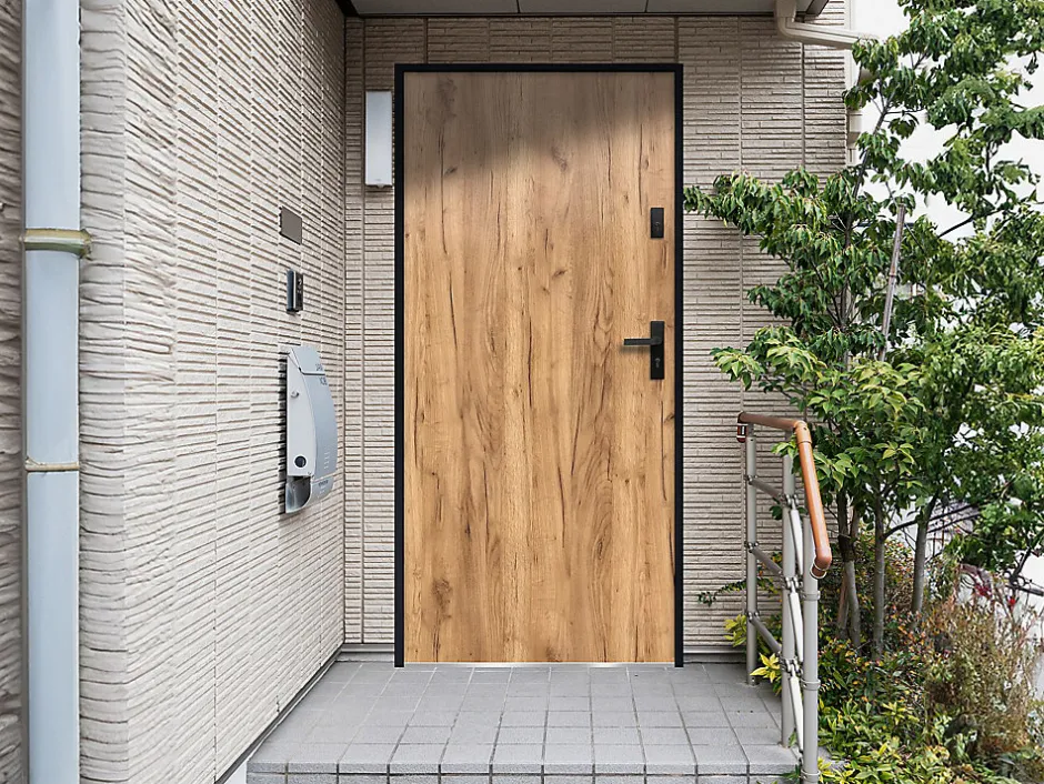 Vente-unique Porte d'entrée en acier pleine H207 x L100 cm effet chêne - épaisseur 55 mm - poussant gauche - AGUEDA