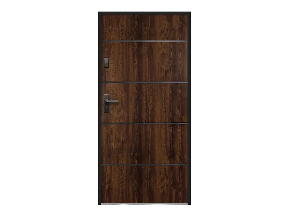 Vente-unique Porte d'entrée en acier pleine et inox H207 x L100 cm naturel foncé - épaisseur 55 mm - poussant droit - NAXARA