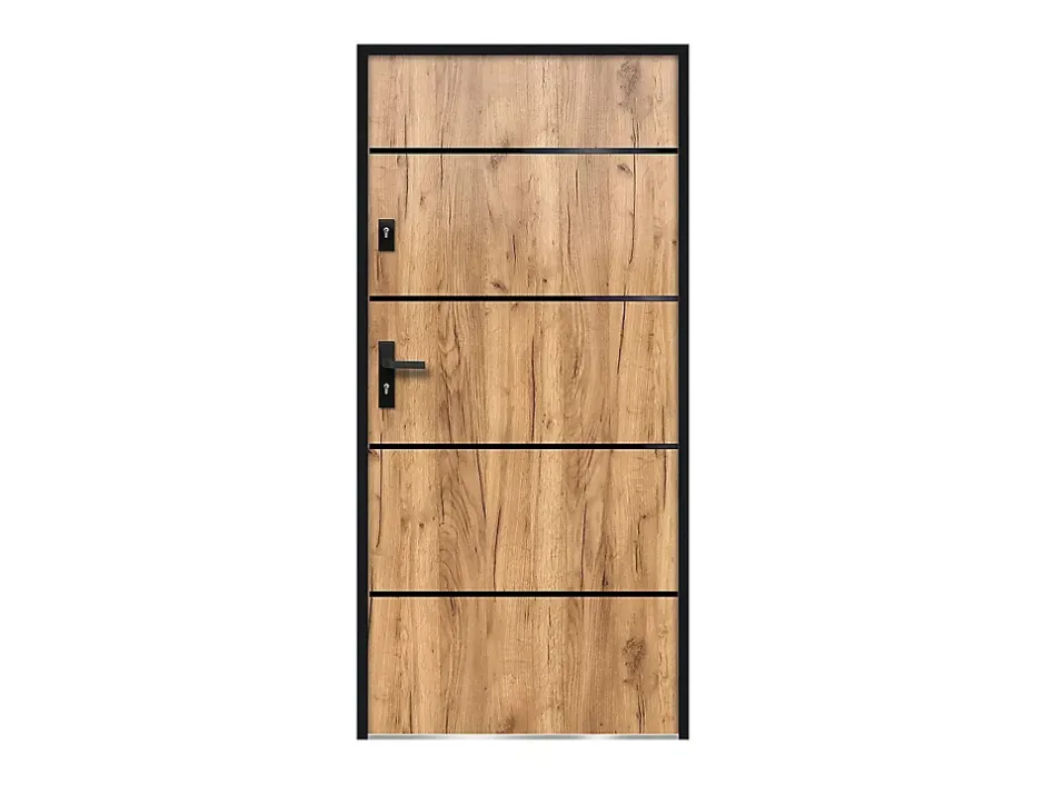 Vente-unique Porte d'entrée en acier pleine et inox H207 x L100 cm effet chêne - épaisseur 55 mm - poussant droit - NAXARA