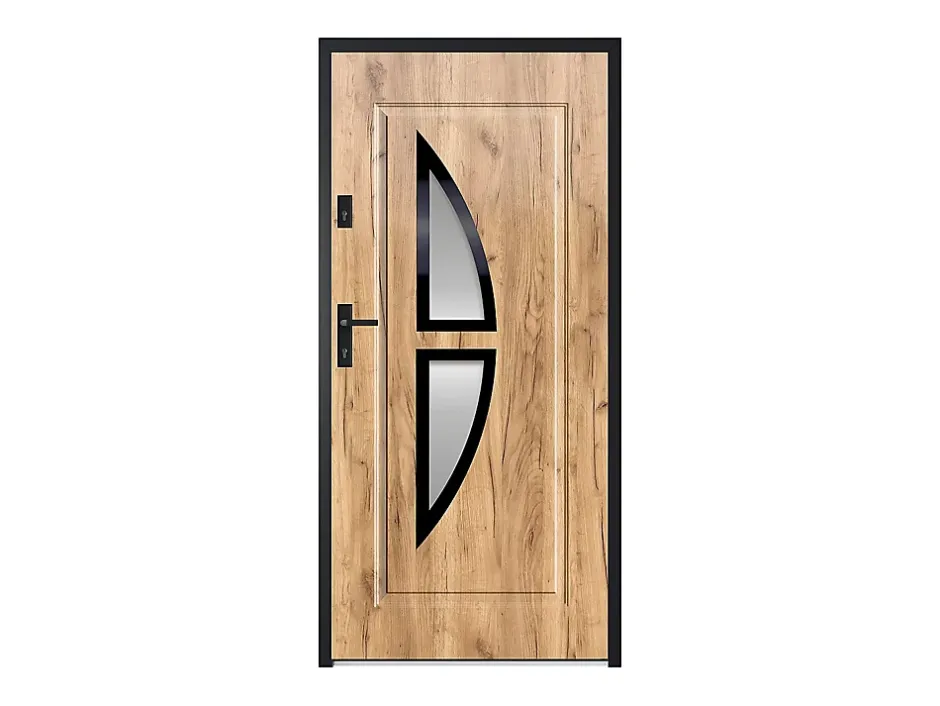 Vente-unique Porte d'entrée en acier vitrée et inox H207 x L100 cm effet chêne - épaisseur 55 mm - poussant droit - COVAS