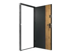 Vente-unique Porte d'entrée pleine en acier H207 x L100 cm - Noir et effet chêne - épaisseur 55 mm - poussant gauche - MABENA