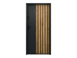 Porte d'entrée pleine en acier H207 x L100 cm - Noir avec rayures effet chêne - épaisseur 55 mm - poussant droit - COBRITA-Vente-unique New