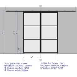 Porte double coulissante H 2088 x L 867 mm - 3 verres horizontaux - trempé 6 mm clair - blanc-MySystem