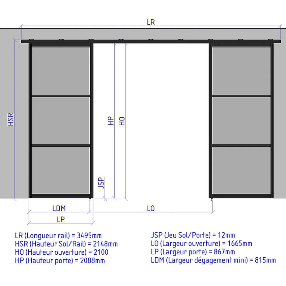Porte double coulissante H 2088 x L 867 mm - 3 verres horizontaux - trempé 6 mm clair - blanc-MySystem