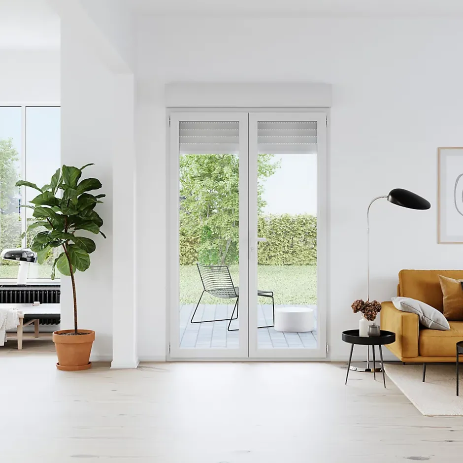 GoodHome Porte fenêtre PVC 2 vantaux tirant + volet roulant électrique blanc - l.140 x h.215 cm, tirant droit