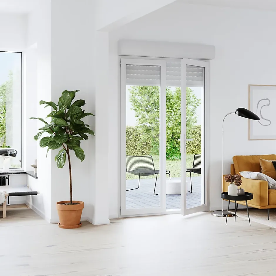 GoodHome Porte fenêtre PVC 2 vantaux tirant + volet roulant électrique blanc - l.140 x h.215 cm, tirant droit