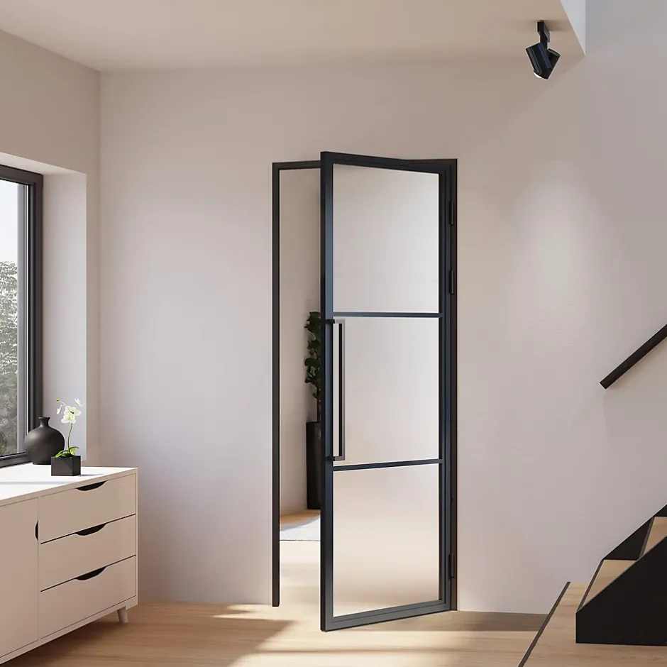 Porte Intérieure Loft En Verre - 71x197cm - Atelier - Noir Mat - Satiné - 3 Vitrages - Tirant Droit-Schulte Best