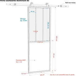 Porte seule 3 carreaux vitrés opaques, coloris noir mat H.204 x l.83cm