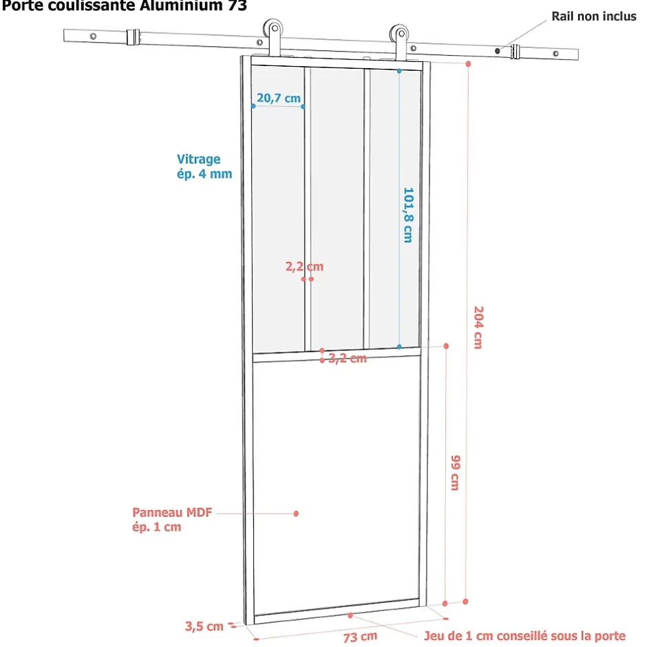 Porte seule en aluminium 3 carreaux vitrés transparents 73 coloris blanc H.204 x l.73cm