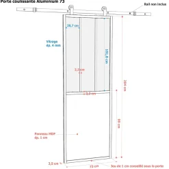 Porte seule en aluminium 3 carreaux vitrés transparents, coloris noir H.204 x l.73cm- Hot
