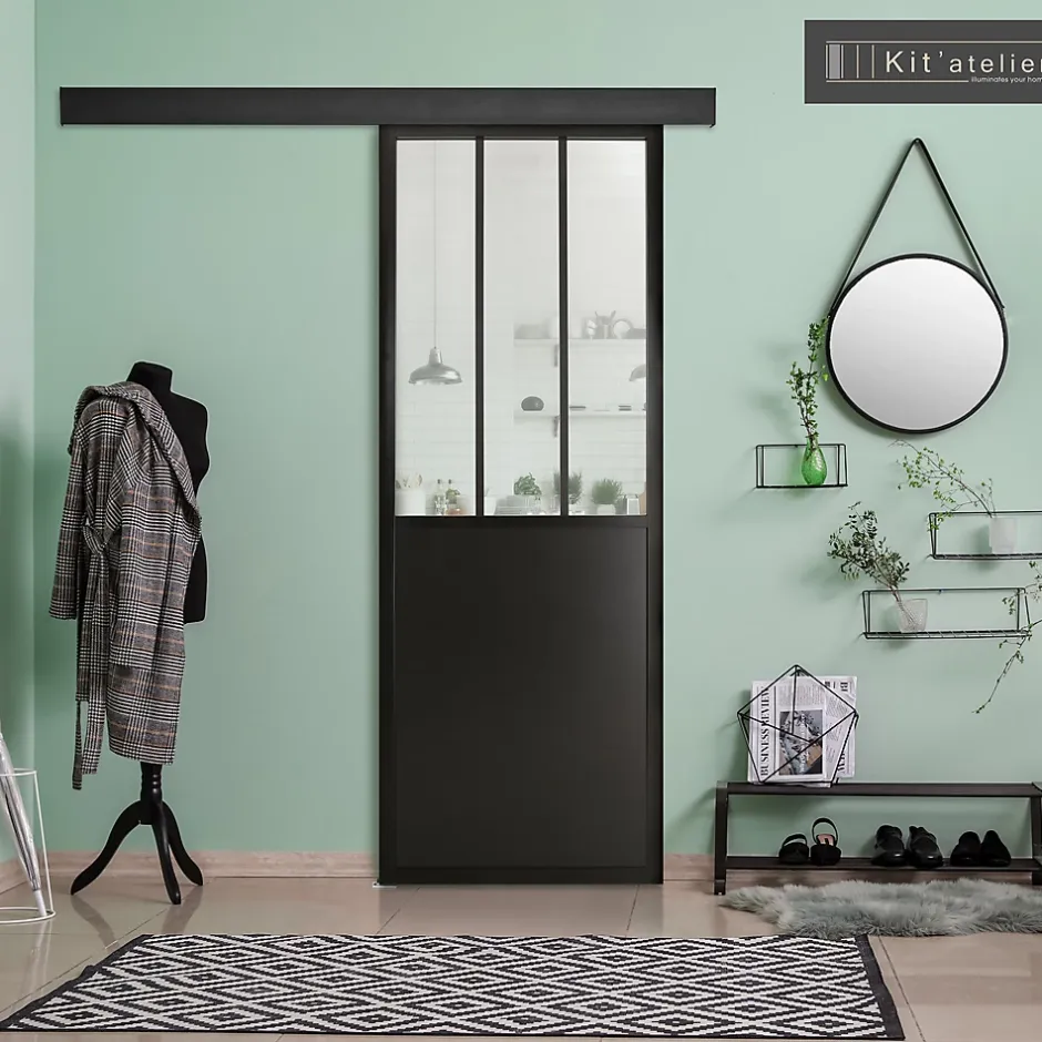 Porte seule en MDF, 3 carreaux vitrés transparents, coloris noir mat H.204 x l.83cm- Outlet