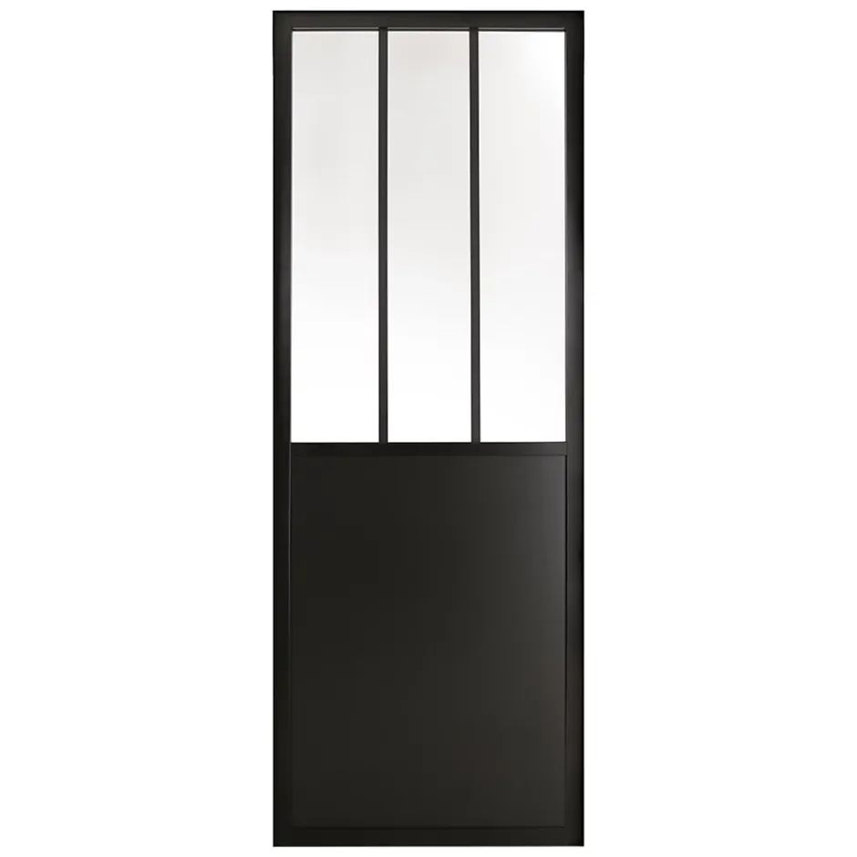 Porte seule en MDF, 3 carreaux vitrés transparents, coloris noir mat H.204 x l.83cm- Outlet