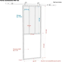 Porte seule en MDF, 3 carreaux vitrés transparents, coloris noir mat H.204 x l.83cm- Outlet