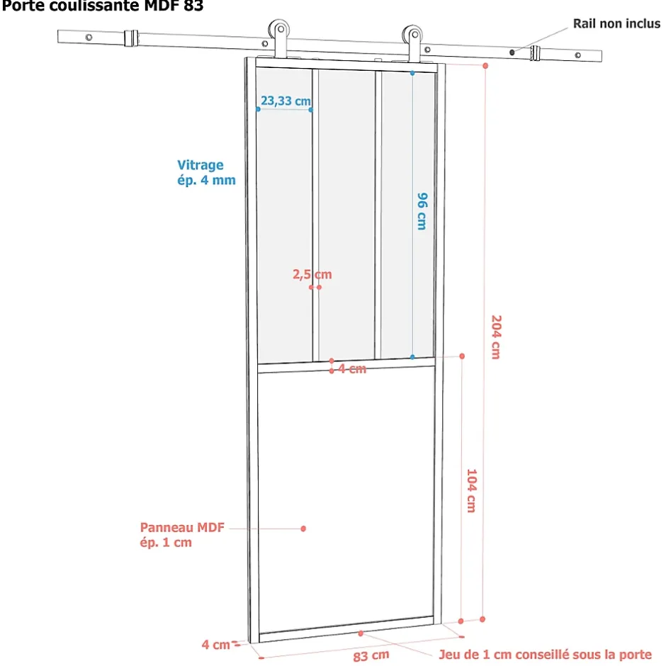 Porte seule en MDF, 3 carreaux vitrés transparents, coloris noir mat H.204 x l.83cm- Outlet