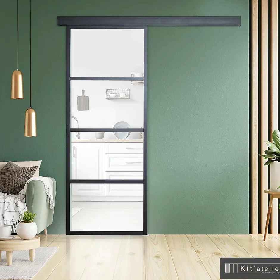 Porte seule Loft 4 carreaux vitrés transparents, coloris noir mat H.204 x l.83cm