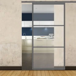 Porte simple coulissante droite H 2088 x L 1067 mm - 3 verres horizontaux - trempé 6 mm clair - gris-MySystem Discount