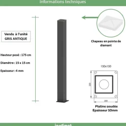 Poteau aluminium gris antique - 15 x 15 x 175 cm-Jardimat Clearance
