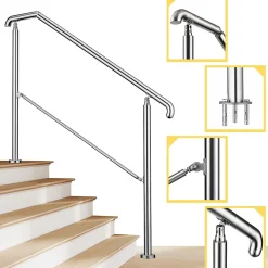 AICA Sanitaire Rampe d'escalier L.162cm - acier inox 201 - 4 à 5 Marches - Argent Garde Corps - Angle Reglable de 0-60 - Exterieur et Interieur
