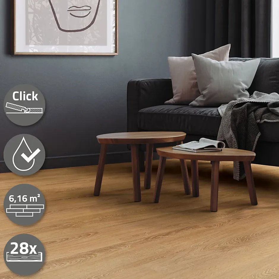 Ml-Design Revêtement de sol à clic en PVC 6,16m²/28 planches 122x18cm marron clair aspect chêne