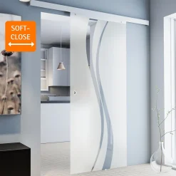 Schulte porte coulissante complète - verre - 102x220cm - décor vagues- poignée ronde + double amortisseur softclose