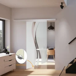 Schulte porte coulissante complète - verre - 102x220cm - décor vagues- poignée ronde + double amortisseur softclose