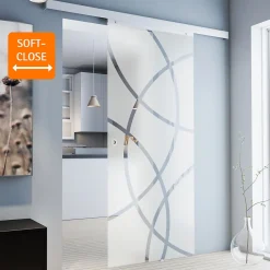 porte coulissante complète - verre - 88x203cm - décor cercles - poignée ronde + softclose-Schulte
