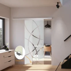 porte coulissante complète - verre - 88x203cm - décor cercles - poignée ronde + softclose-Schulte