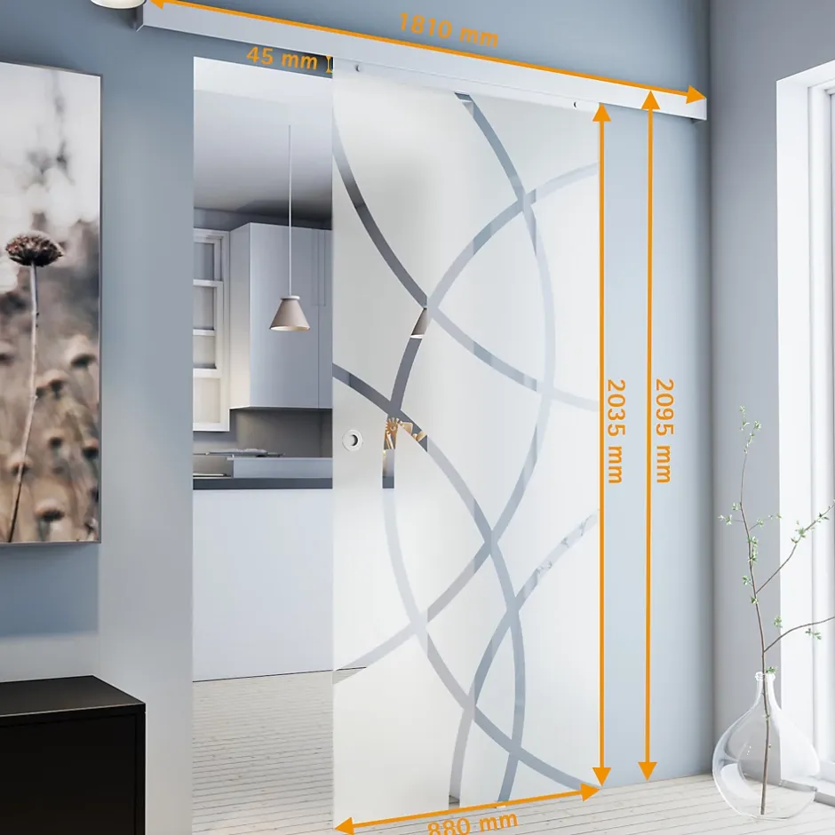 porte coulissante complète- verre - 88x203cm - porte vitrée - décor cercles - poignée cuvette ronde-Schulte Outlet