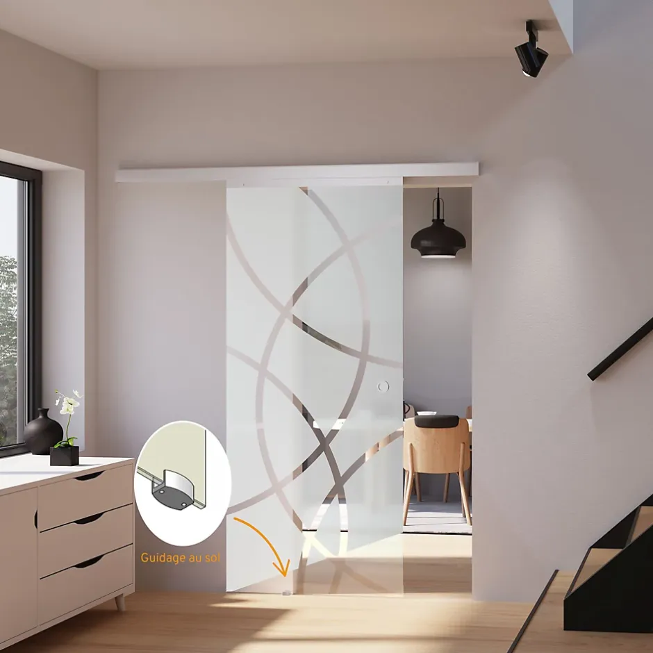 porte coulissante complète- verre - 88x203cm - porte vitrée - décor cercles - poignée cuvette ronde-Schulte Outlet