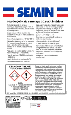 Semin - Joint en Poudre pour Carrelage Kedojoint Blanc - Intérieur - Sac de 5 kg - Lot de 2